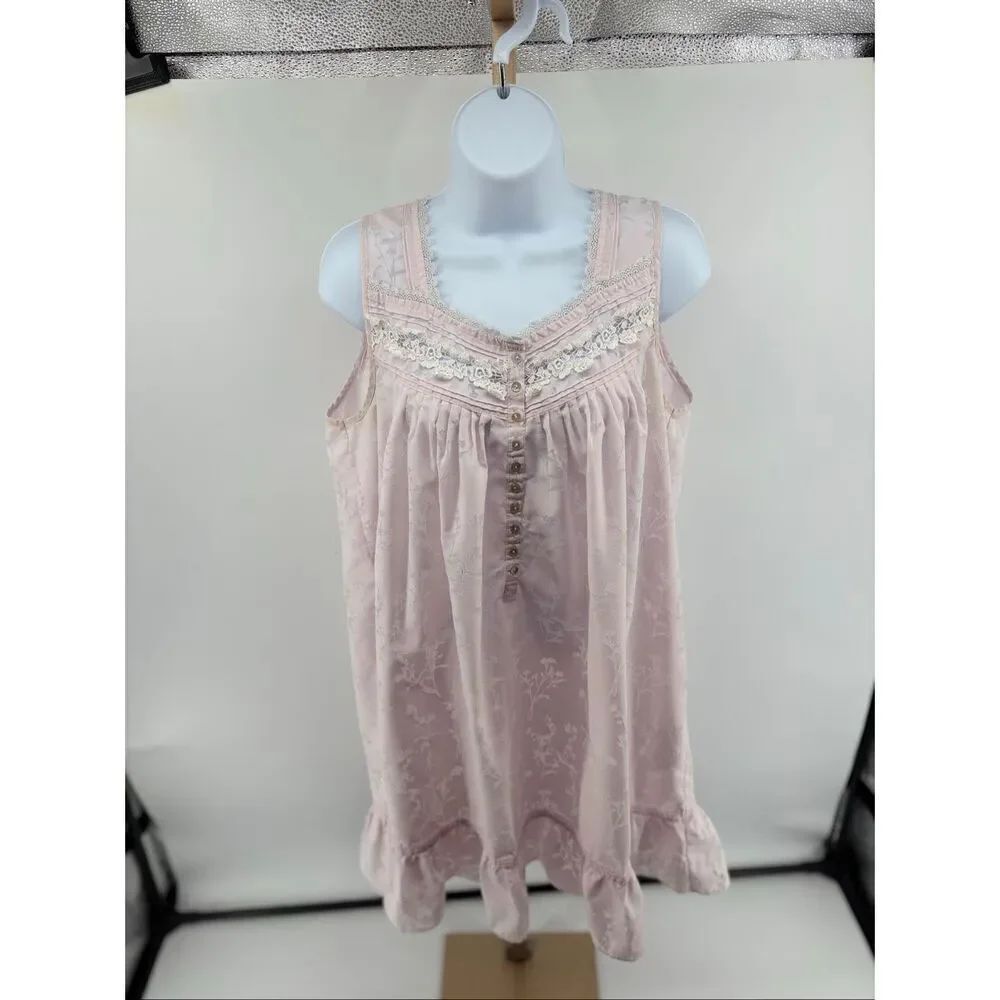 Eileen West Floral Nightgown Pink Lace Trim Sleeveless Button Front Size M